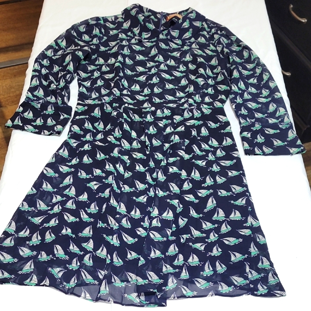 Beach Bash By Art And Tatyana Navy Blue Long Sleeve Sailboat Print Dress XS